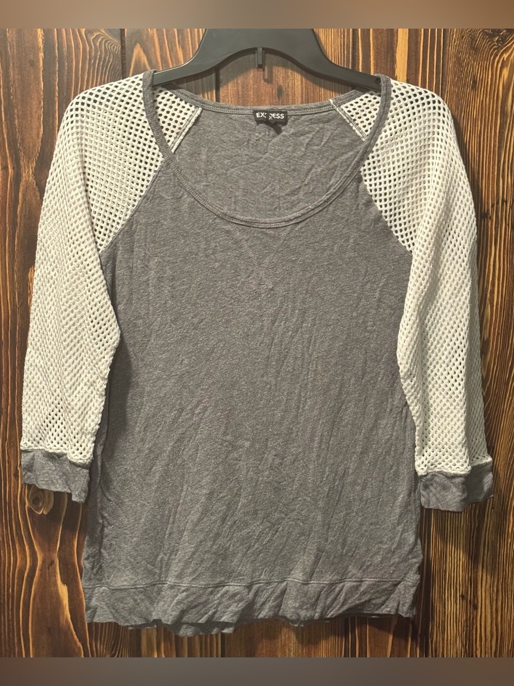 Express Gray Top with 3/4 Length White Mesh Raglan Sleeves Women’s Size Large